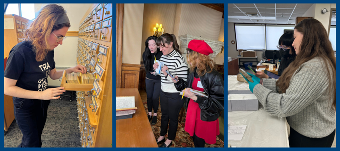 Three images – Image 1 (Left): Two MSU Denver students holding magnifying glass looking at a statue; Image 2 (Middle): Three students smiling and holding notebooks looking at an old book; Image 3 (Right): MSU Denver student filing index cards